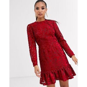 ASOS Design Premium Laser Cut Velvet Mini Dress with Frill Hem in Oxblood
